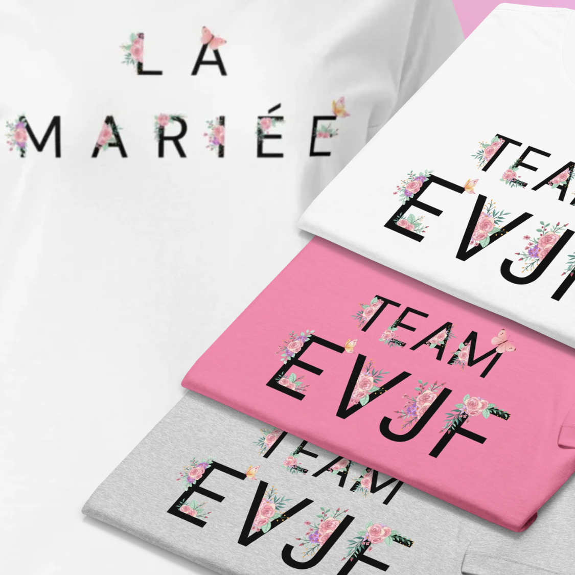 T shirts La Mariee et Team EVJF avec design floral assorti, parfaits pour tenue coordonnee mariee et amies lors dun EVJF.