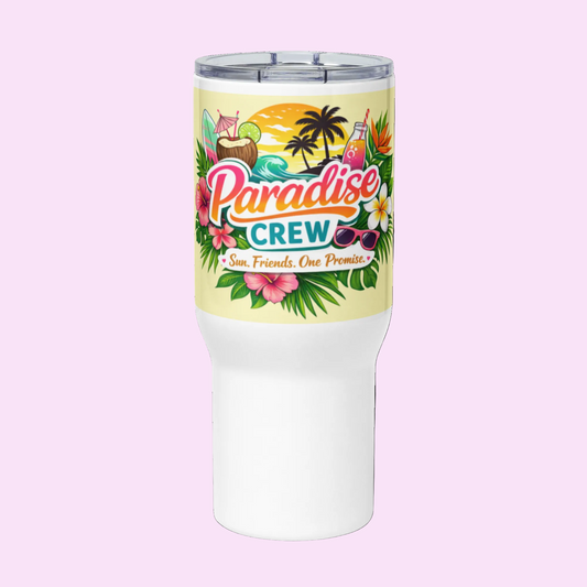 Grande tasse de voyage Paradise Crew 40 oz en acier inoxydable avec couvercle et paille, design tropical coloré, idéale pour boissons chaudes ou froides.