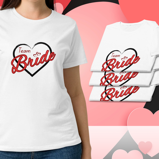 White Team Bride t-shirt with red script lettering and black heart design worn on model, perfect outfit for EVJF, bride squad and bachelorette party.