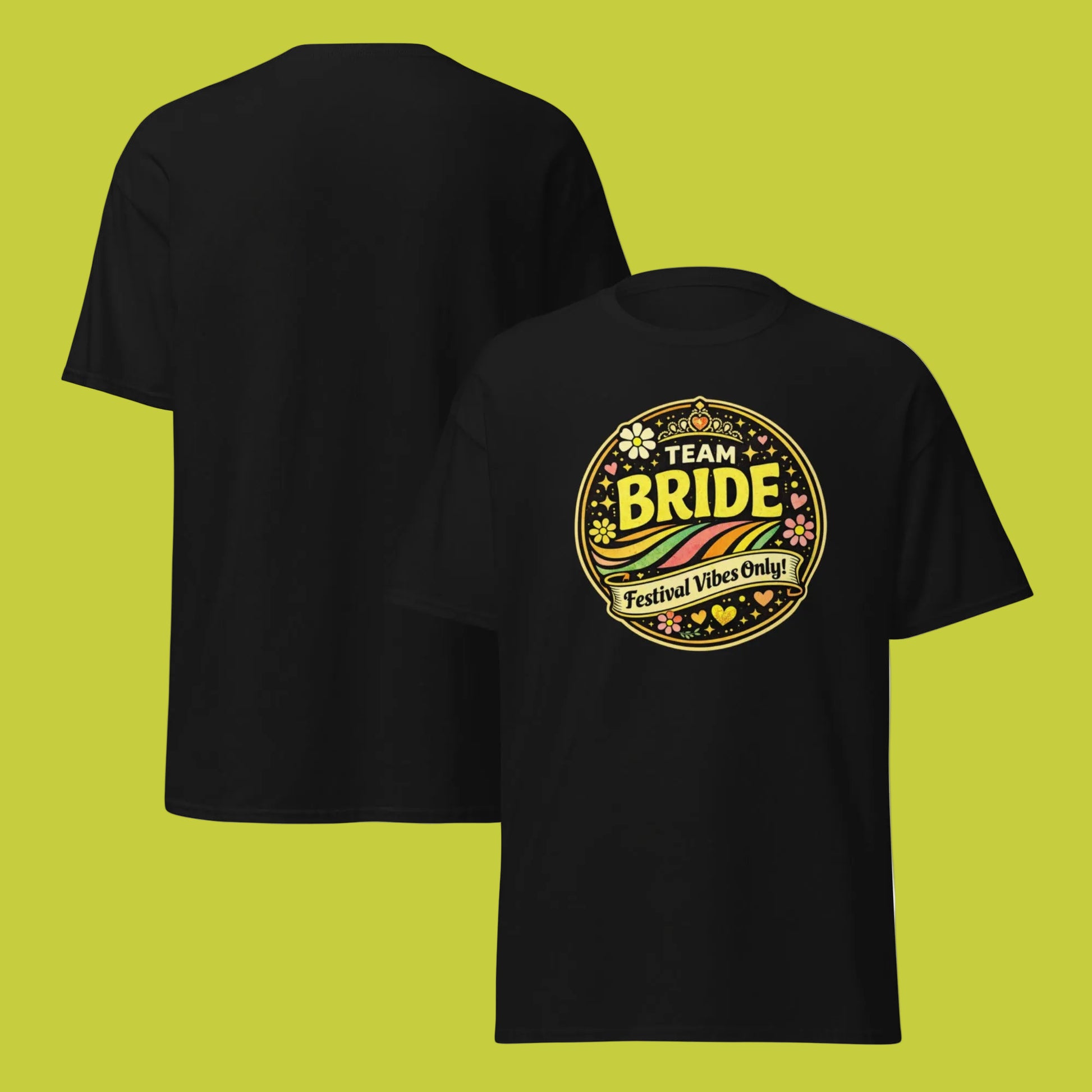 Black Team Bride Festival Vibes Only t-shirt featuring a colorful retro circular design on the front, unisex style.