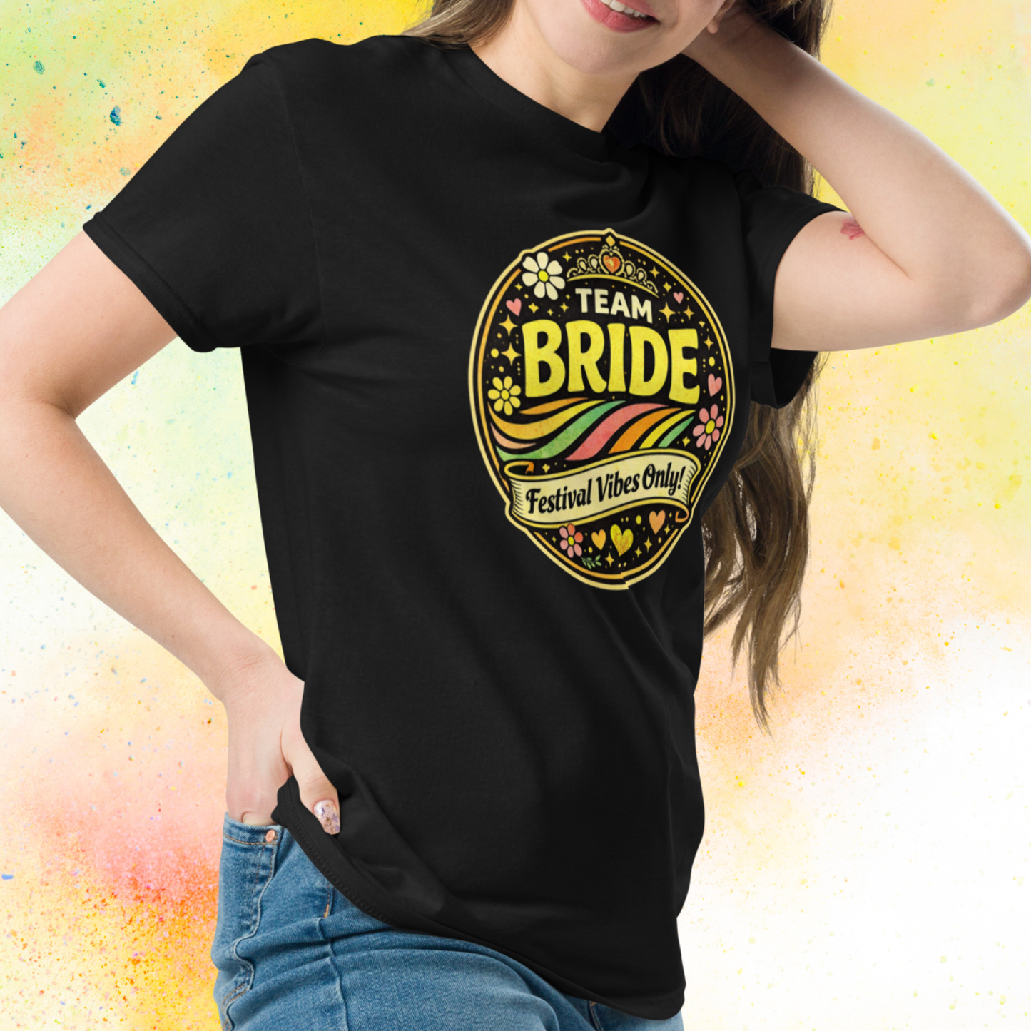 Woman wearing Team Bride Festival Vibes Only retro bachelorette party t shirt with colorful vintage print, perfect bridal squad outfit for hen party celebration weekend black