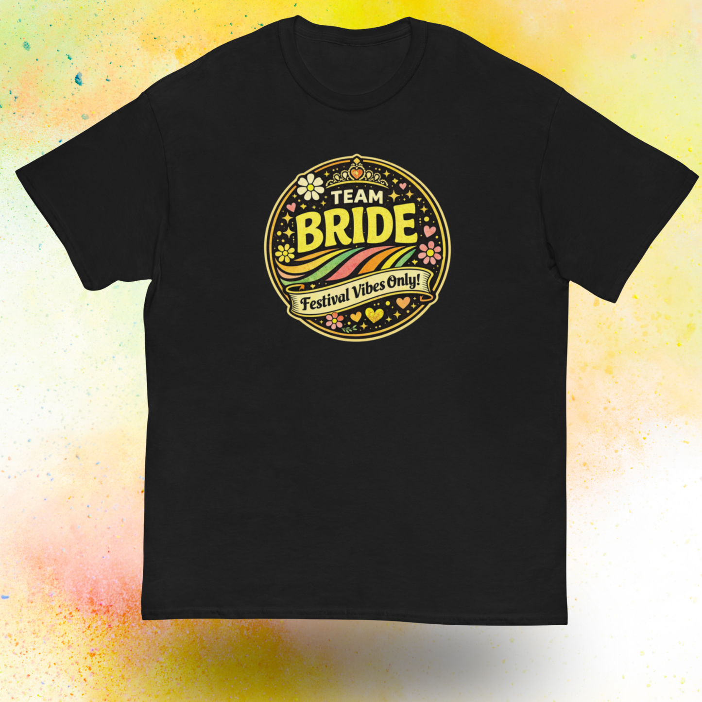 Team Bride Festival Vibes Only retro style bachelorette party t shirt with colorful vintage design, perfect matching outfit for bridal squad celebration and hen party weekend Black
