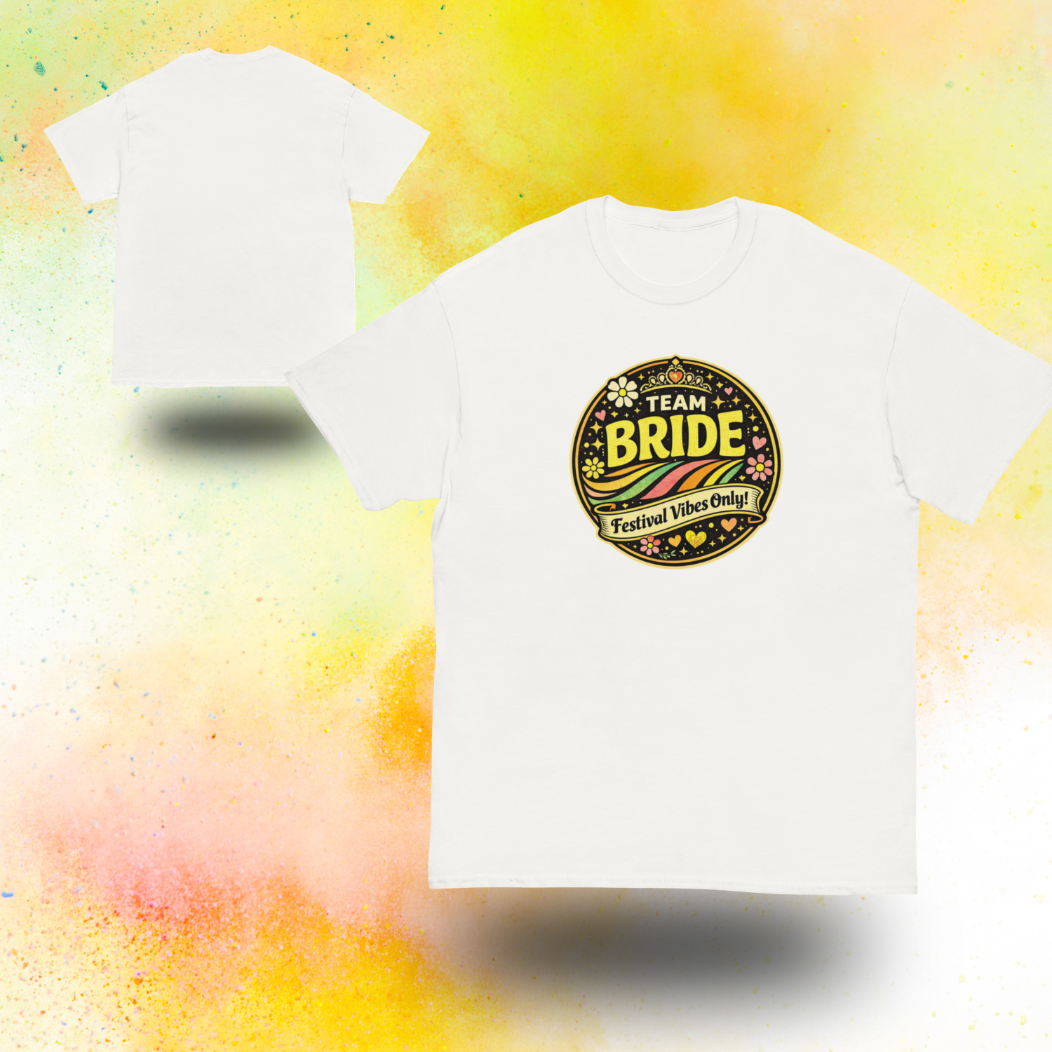Team Bride Festival Vibes Only retro bachelorette party t shirt with colorful vintage print, front and back view, ideal matching outfit for bridal squad and hen party weekend white