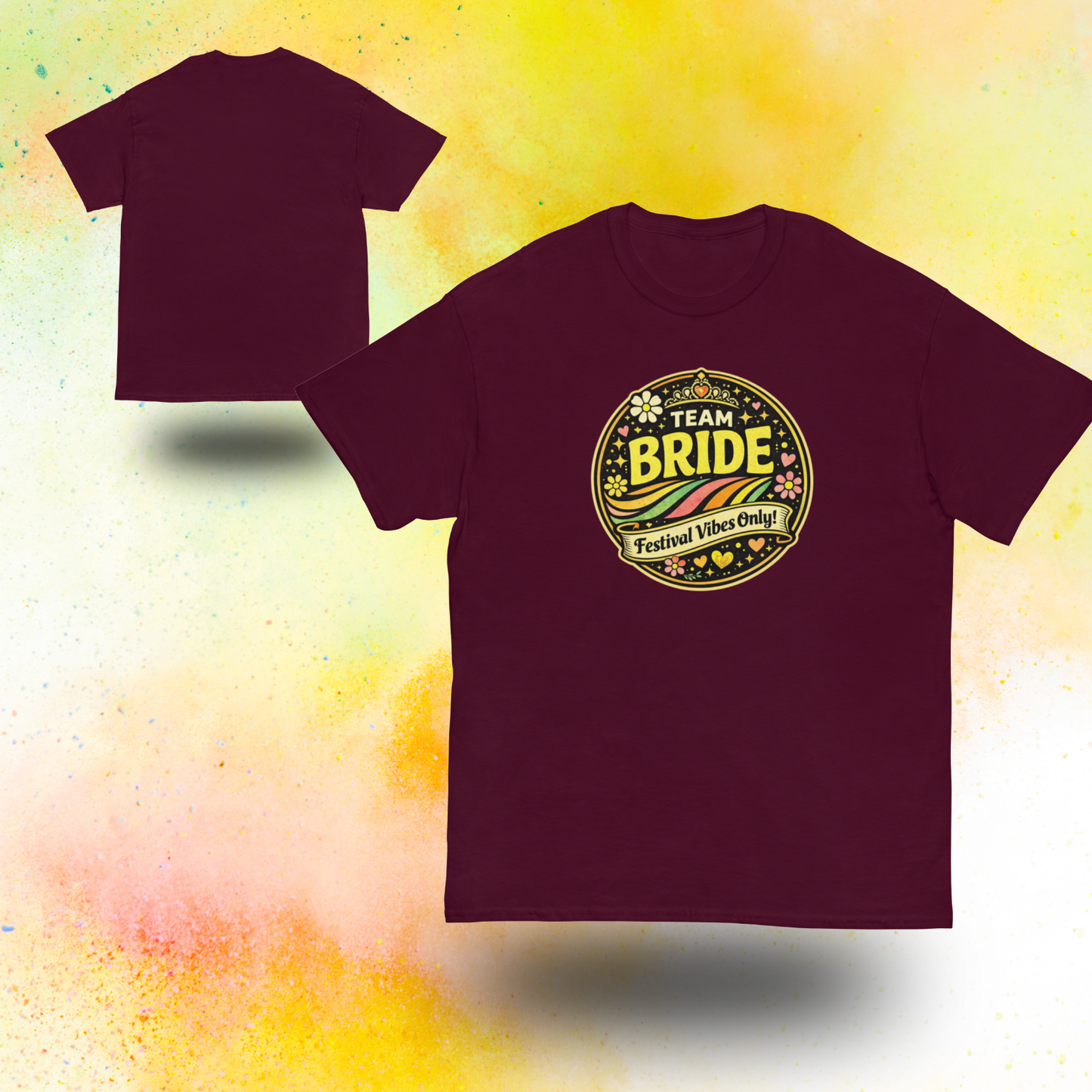 Team Bride Festival Vibes Only retro bachelorette party t shirt with colorful vintage print, front and back view, ideal matching outfit for bridal squad and hen party weekend red