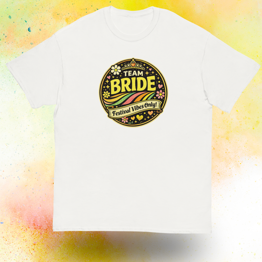 Team Bride Festival Vibes Only retro style bachelorette party t shirt with colorful vintage design, perfect matching outfit for bridal squad celebration and hen party weekend white