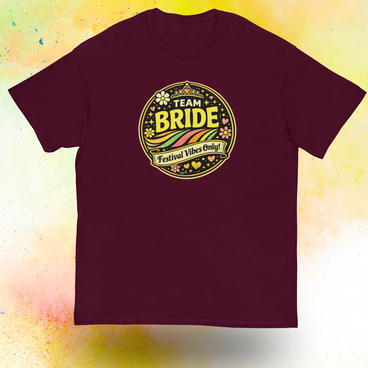 Team Bride Festival Vibes Only retro style bachelorette party t shirt with colorful vintage design, perfect matching outfit for bridal squad celebration and hen party weekend red