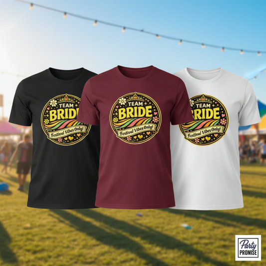 Three Team Bride “Festival Vibes Only” t-shirts in black, burgundy and white displayed outdoors at a summer festival setting with lights in the background.