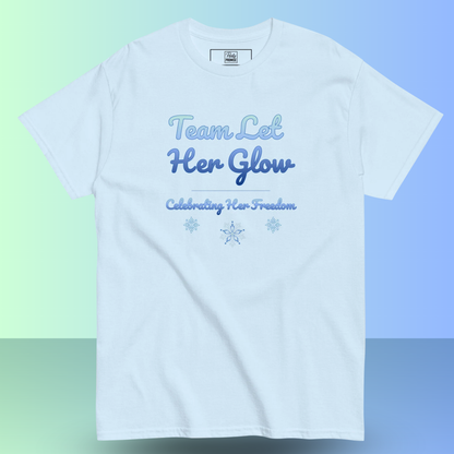 Light blue women’s t-shirt with “Team Let Her Glow – Celebrating Her Freedom” design for a divorce party.