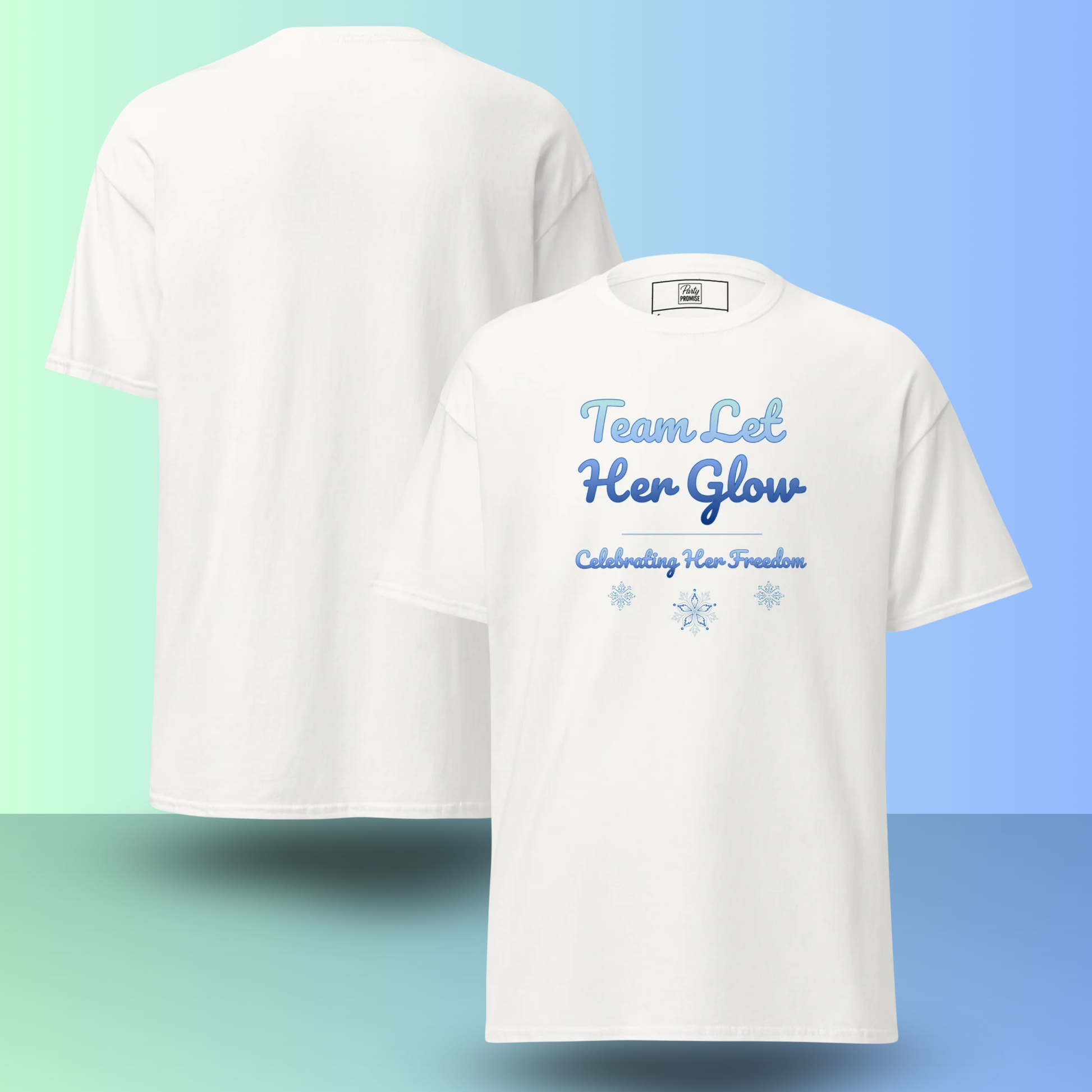 Back view of white women’s matching divorce party shirt with blue “Team Let Her Glow” print.