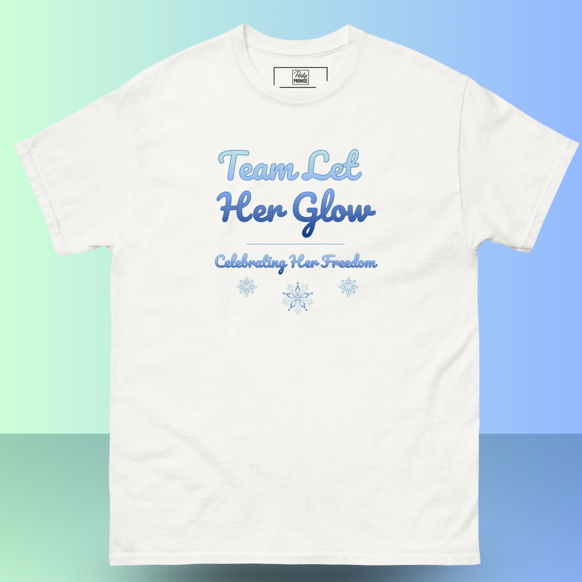 White women’s divorce party t-shirt featuring “Team Let Her Glow” slogan in blue print.