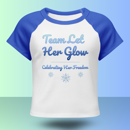 Front view of Team Let Her Glow divorce party t-shirt with snowflake design, perfect outfit for celebrating her freedom and matching divorce party crew looks.