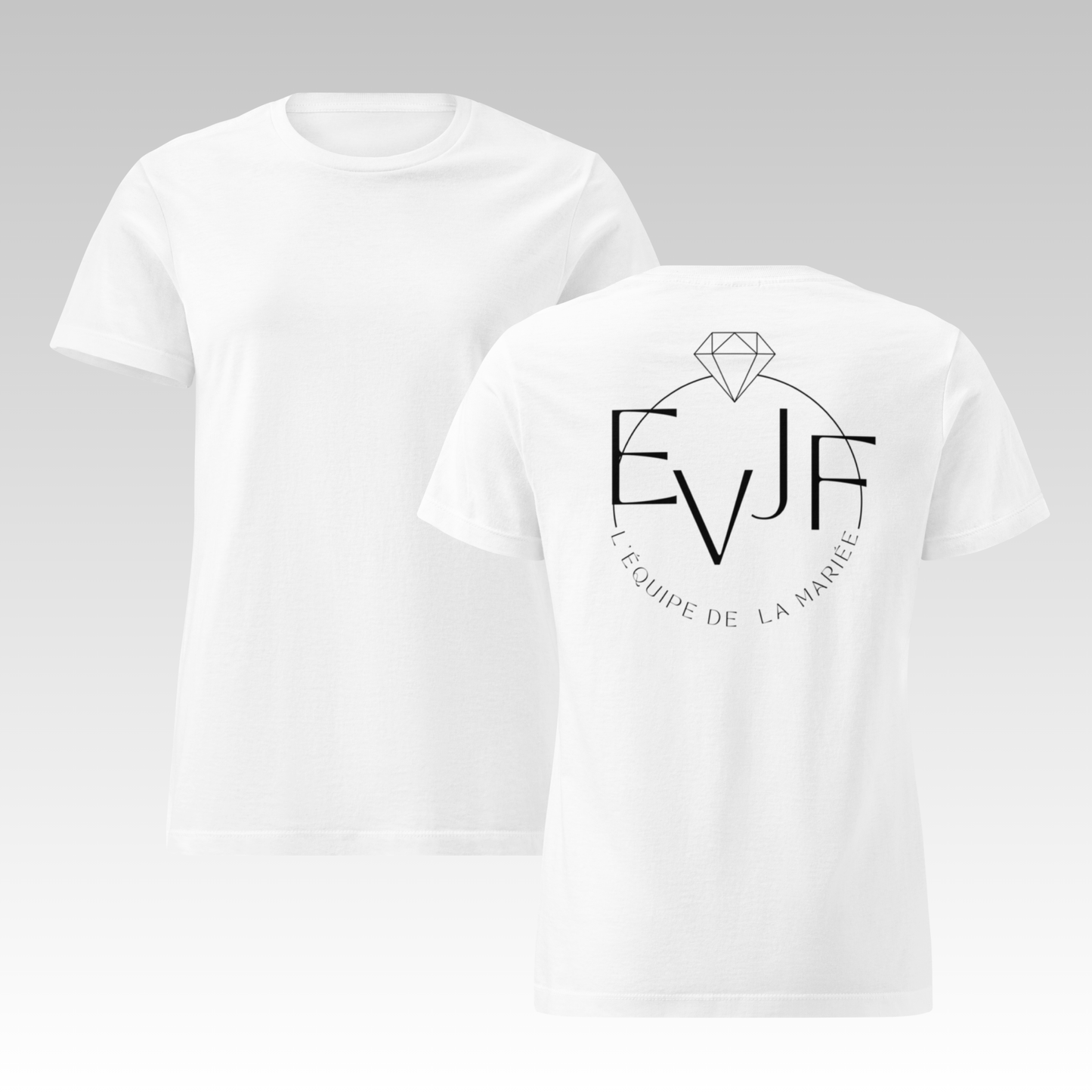 Tee-shirt EVJF blanc avec design L’équipe de la mariée présenté avec vue face imprimée et dos uni sur fond clair.