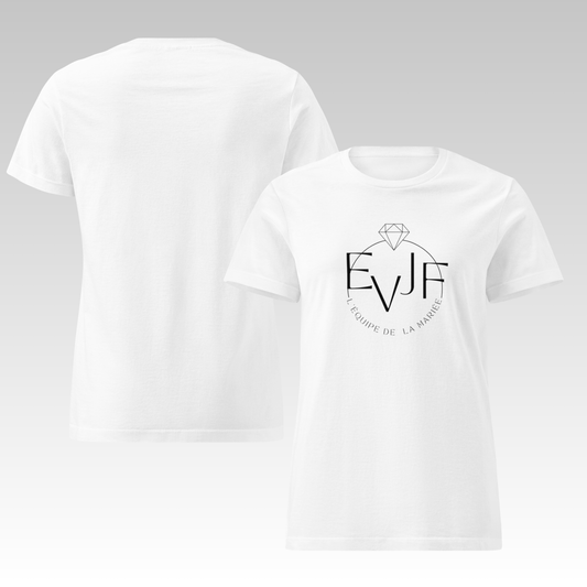 Tee-shirt EVJF blanc pour équipe de la mariée avec design imprimé, présentation produit montrant la face avant et le dos.