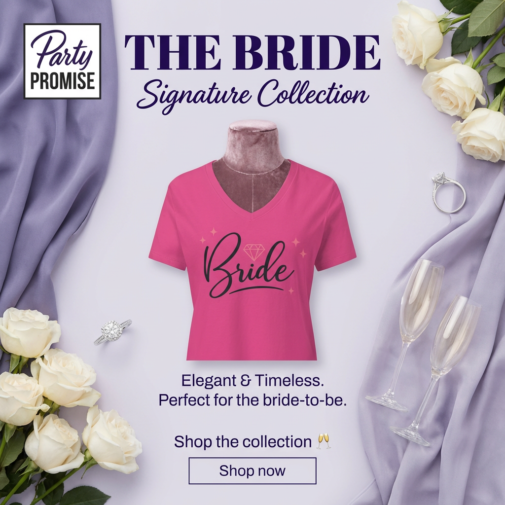 Tee shirt Bride rose col V pour future mariee, collection Signature Party Promise, ideal EVJF et celebration mariage, design elegant avec decor fleurs blanches et coupe champagne.