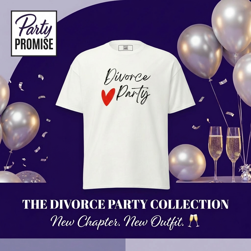 Tee shirt Divorce Party blanc avec coeur rouge, collection fete de divorce Party Promise, ideal celebration nouveau depart, ambiance festive avec ballons et coupe champagne.