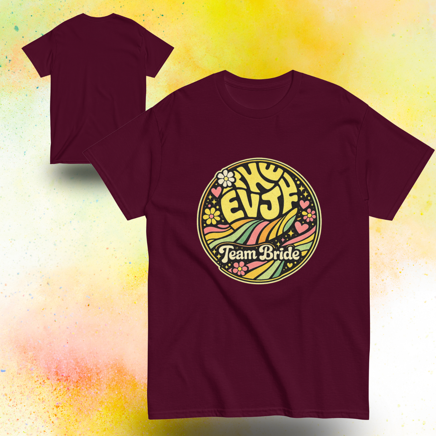 Tee shirt EVJF Team Bride avec motif retro colore style festival, ideal pour enterrement de vie de jeune fille et tenue coordonnee entre amies bordeaux