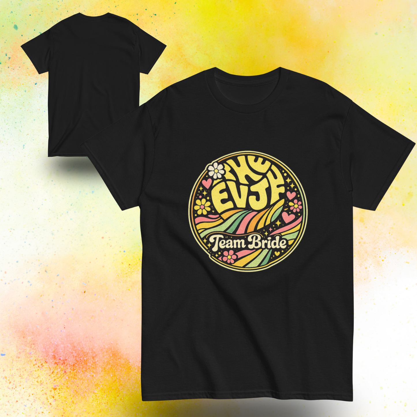 Tee shirt EVJF Team Bride avec motif retro colore style festival, ideal pour enterrement de vie de jeune fille et tenue coordonnee entre amies noir