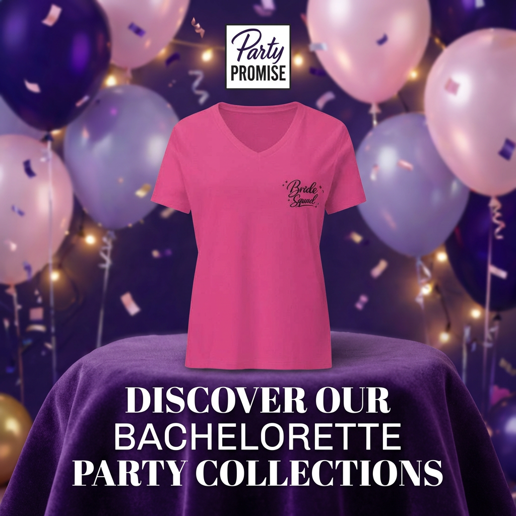 Tee shirt EVJF rose col V Bride Squad pour enterrement de vie de jeune fille, collection Bachelorette Party Party Promise, ambiance festive avec ballons et confettis violet et or.