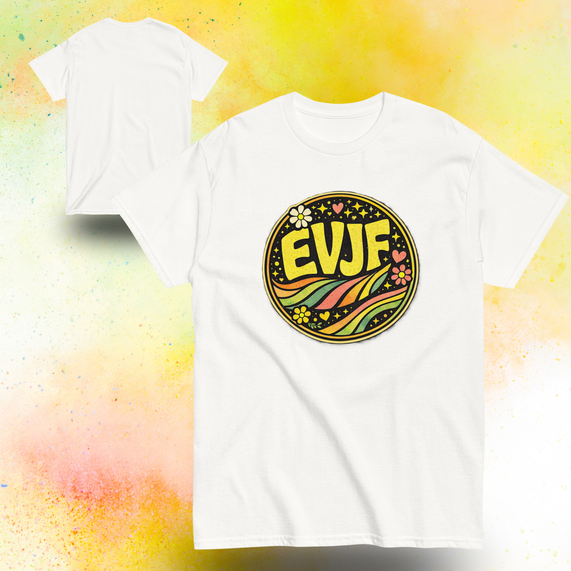 Tee shirt EVJF noir avec design rond retro colore inspiration festival, tenue ideale pour enterrement de vie de jeune fille et celebration entre amies blanc