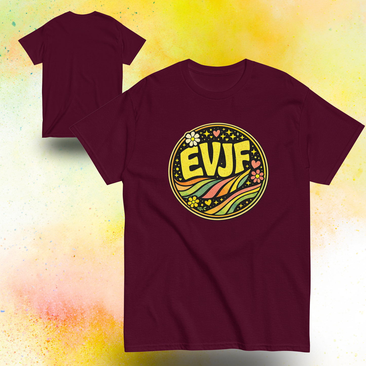 Tee shirt EVJF noir avec design rond retro colore inspiration festival, tenue ideale pour enterrement de vie de jeune fille et celebration entre amies bordeaux