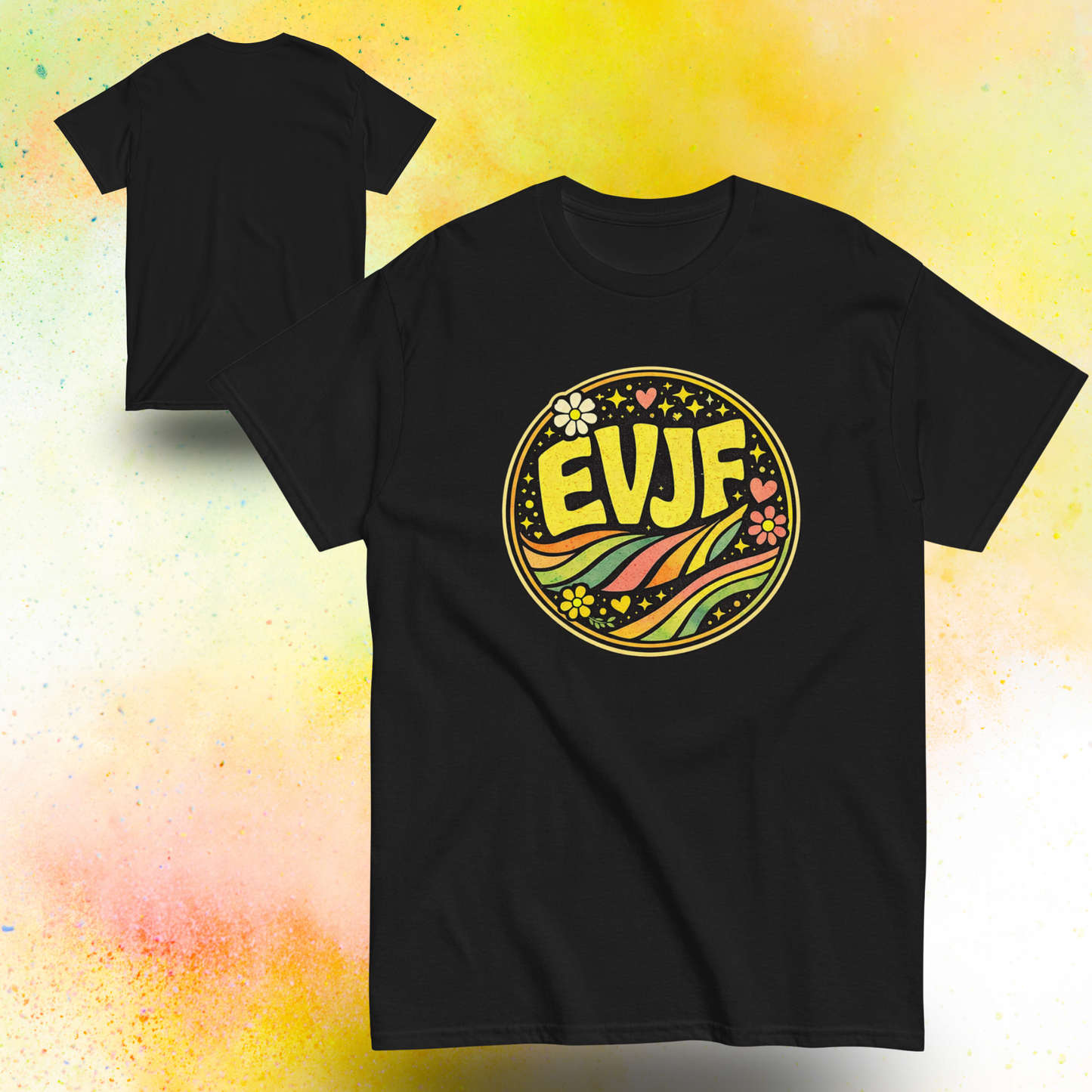 Tee shirt EVJF noir avec design rond retro colore inspiration festival, tenue ideale pour enterrement de vie de jeune fille et celebration entre amies noir