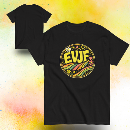 Tee shirt EVJF noir avec design rond retro colore inspiration festival, tenue ideale pour enterrement de vie de jeune fille et celebration entre amies noir