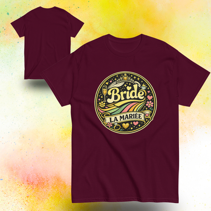 Tee shirt future mariee Bride La Mariee avec design rond retro colore inspiration festival, tenue ideale pour enterrement de vie de jeune fille et week end entre amies bordeaux
