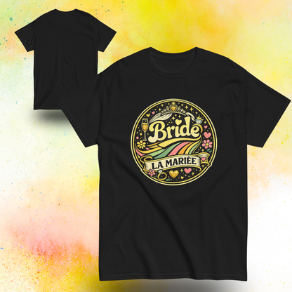 Tee shirt future mariee Bride La Mariee avec design rond retro colore inspiration festival, tenue ideale pour enterrement de vie de jeune fille et week end entre amies noir