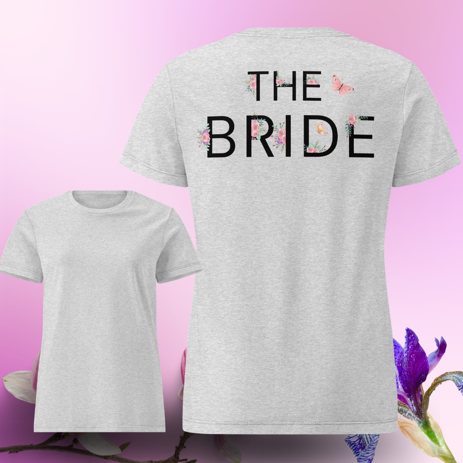 Grey The Bride t shirt with floral lettering printed on the back and plain front, perfect bride outfit for EVJF and bachelorette party.