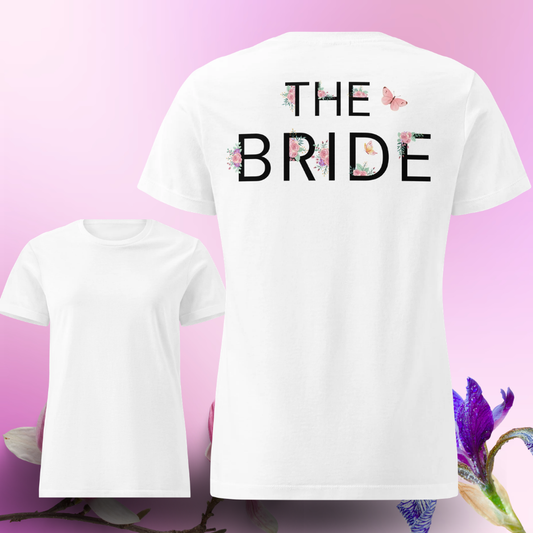 White The Bride t shirt with floral design printed on the back and plain front, perfect outfit for bride during bachelorette party or EVJF.