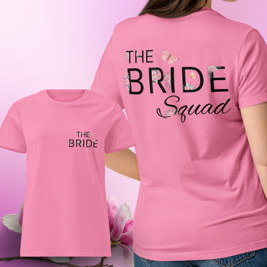 Pink The Bride Squad t shirt with large back design and small The Bride text on the chest, perfect outfit for bachelorette party or EVJF celebration.