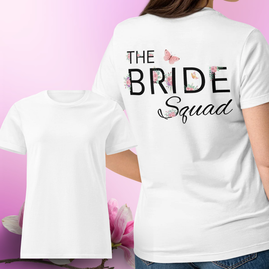 White The Bride Squad t shirt with large floral back design and plain front, perfect outfit for bride squad during bachelorette party or EVJF.