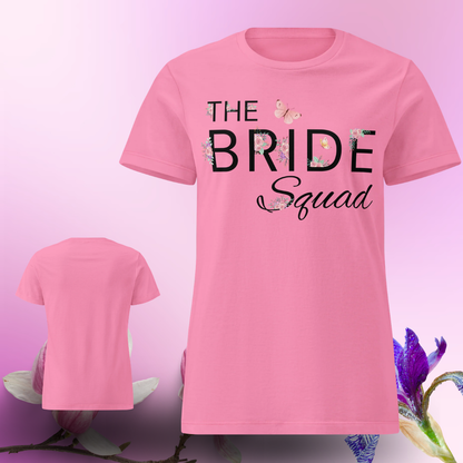 Pink The Bride Squad t shirt with floral front design and plain back view, ideal matching outfit for bride squad during bachelorette party.