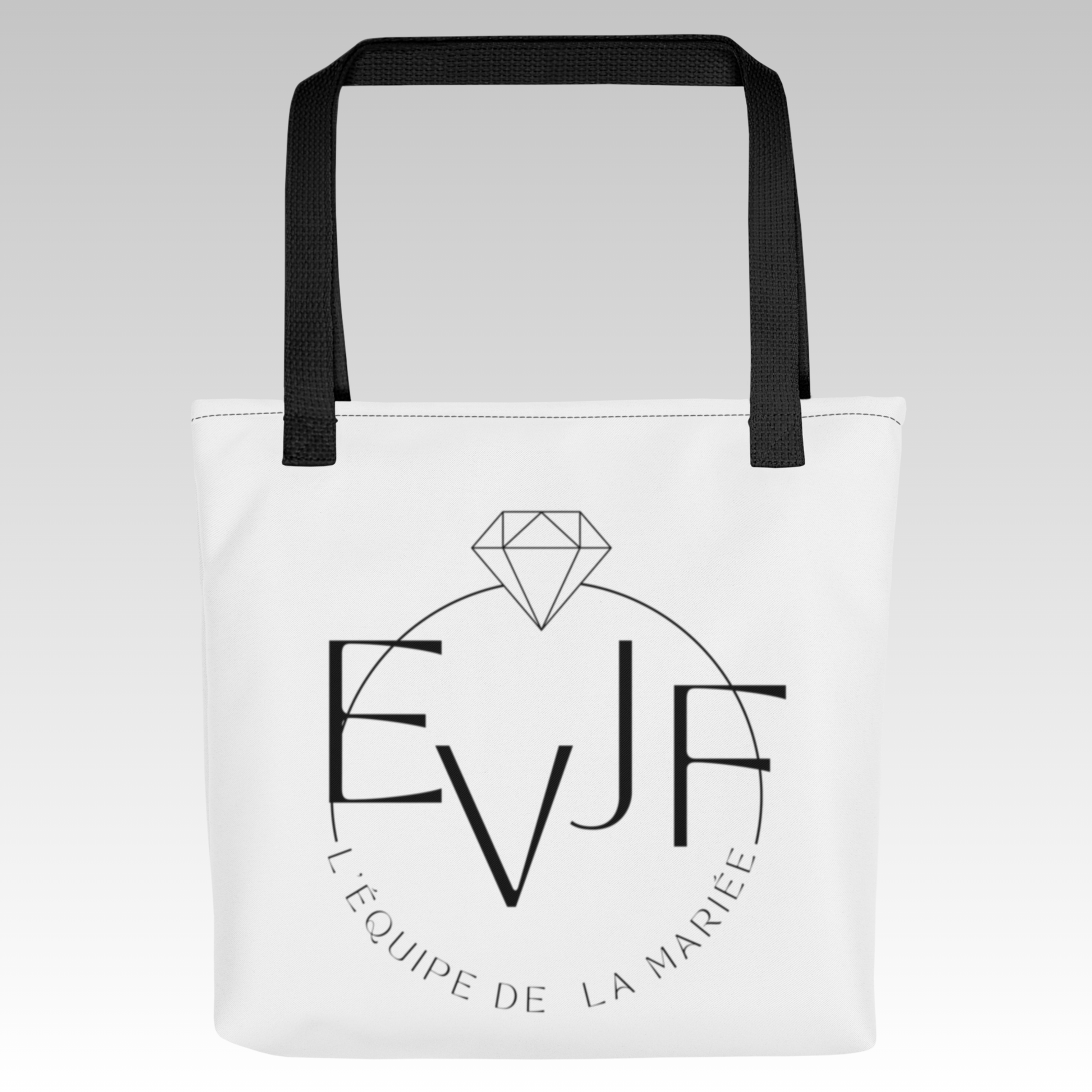 Sac tote bag EVJF blanc avec logo équipe de la mariée vue de face