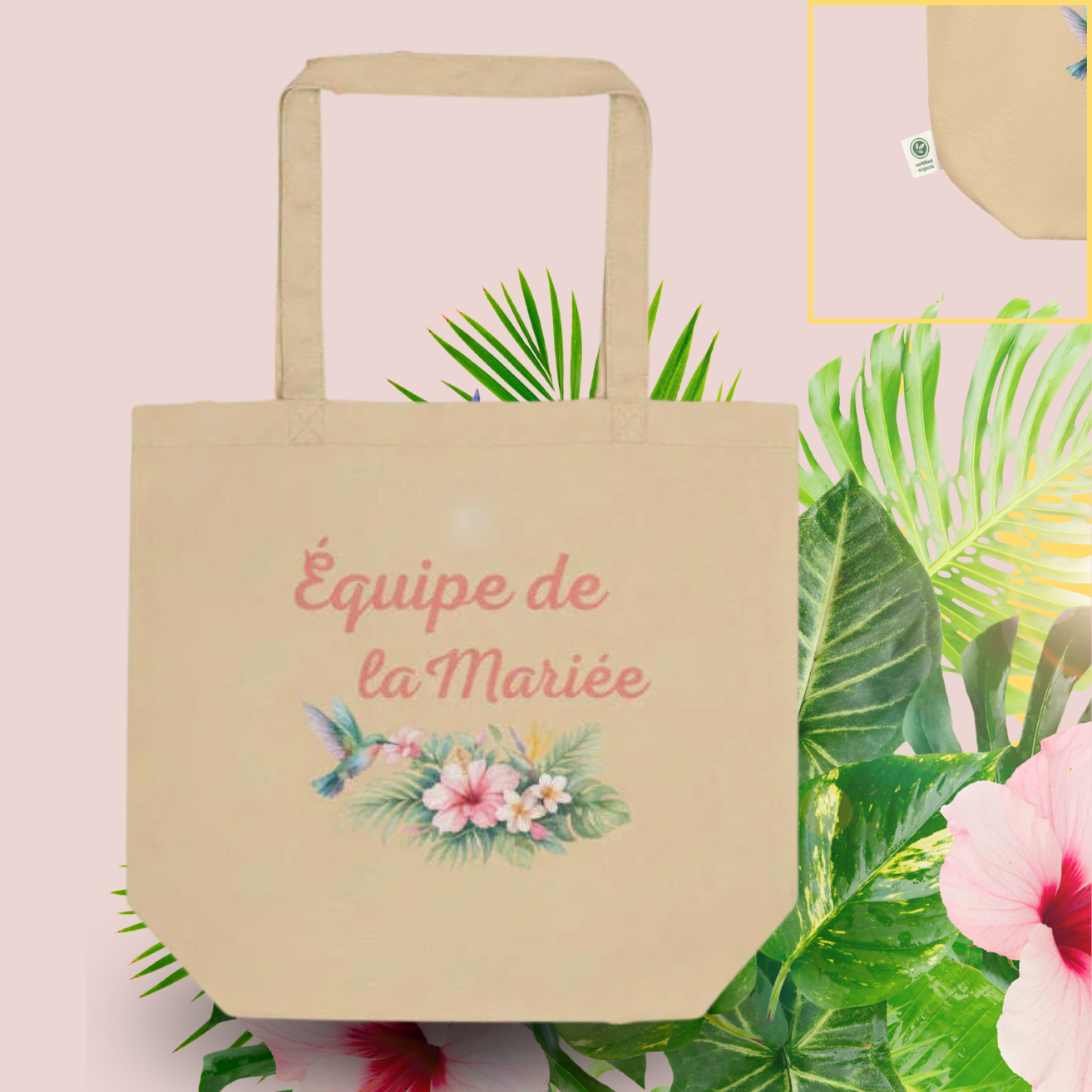 Tote bag beige EVJF avec inscription Equipe de la Mariee et fleurs exotiques, sac ideal pour bachelorette party, equipe de la mariee et soiree festive entre amies.