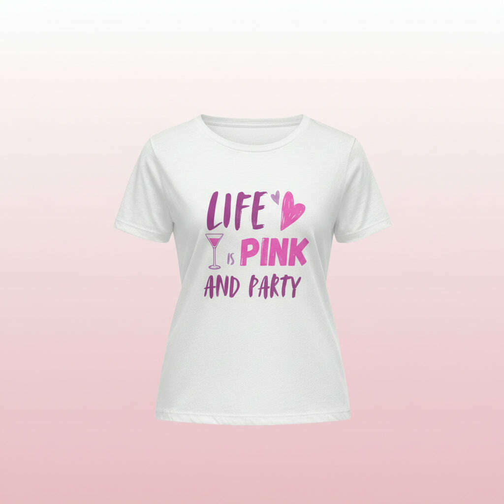 t-shirt-“life-is-pink-party”-–-blanc-rose-–-coupe-décontractée-slogan-roseviolett-shirt-femmeparty-promise-35032463