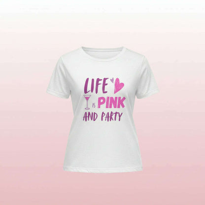 t-shirt-“life-is-pink-party”-–-blanc-rose-–-coupe-décontractée-slogan-roseviolett-shirt-femmeparty-promise-35032463