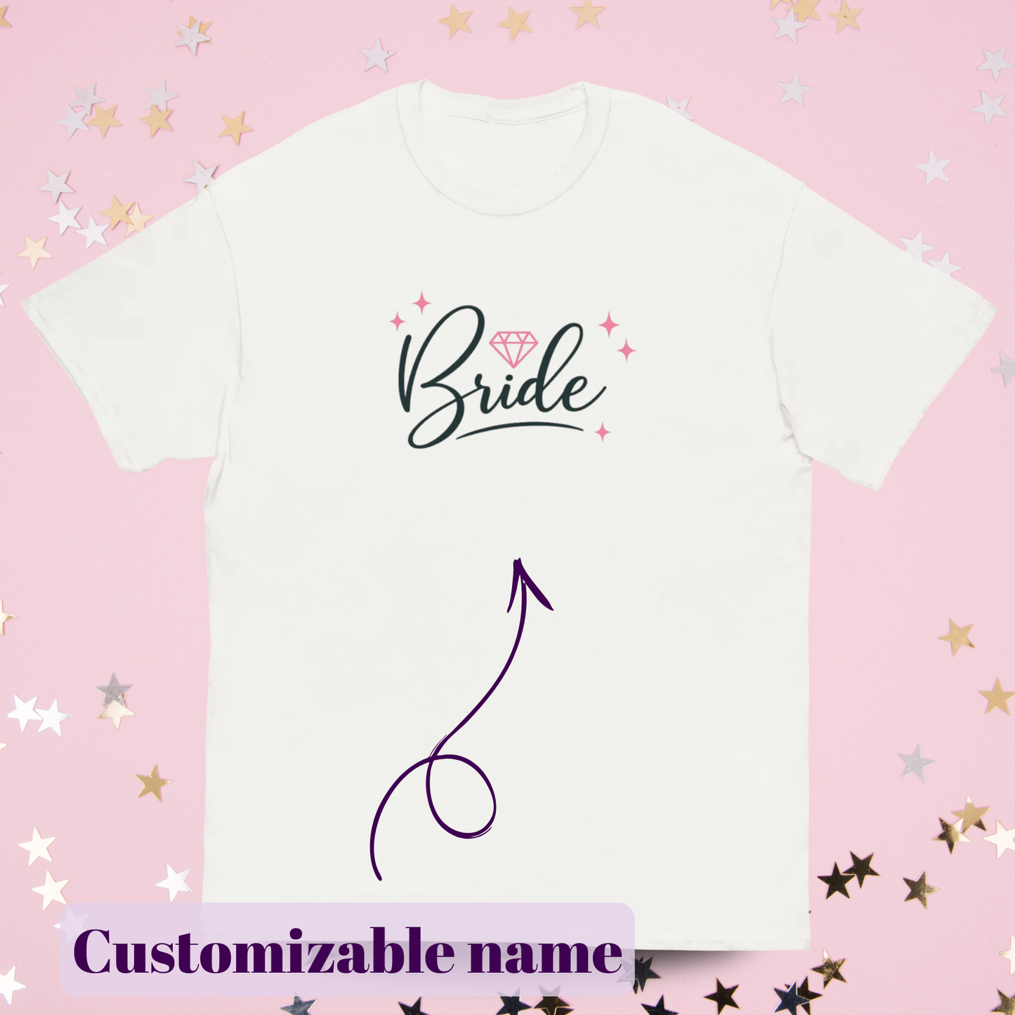 Customizable withe t-shirt for a bachelorette party with the bride's name