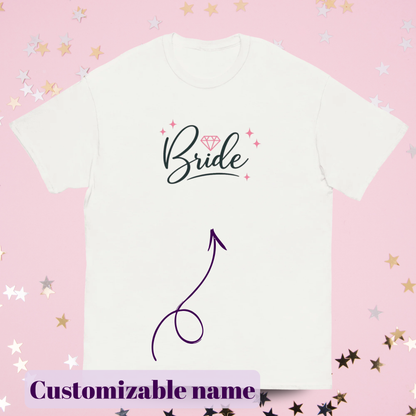 Customizable withe t-shirt for a bachelorette party with the bride's name