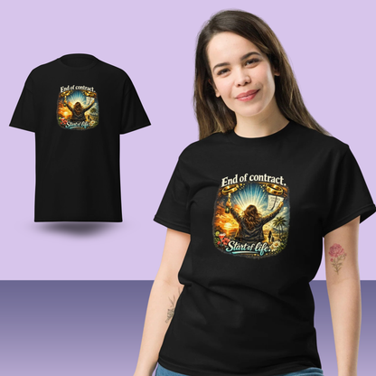 Woman wearing black divorce party t-shirt with symbolic new beginnings design, casual funny breakup celebration outfit.