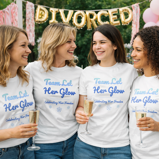Group of women celebrating at an outdoor divorce party wearing matching “Team Let Her Glow” t-shirts.