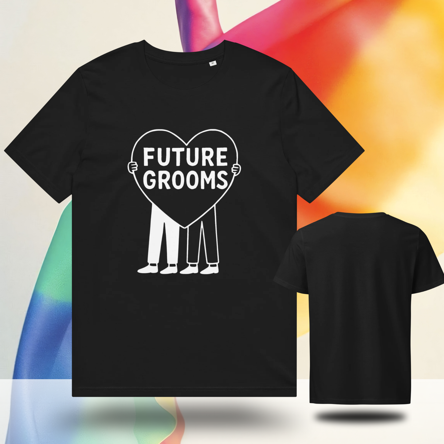 Display of the black organic cotton future grooms t-shirt from both front and back angles