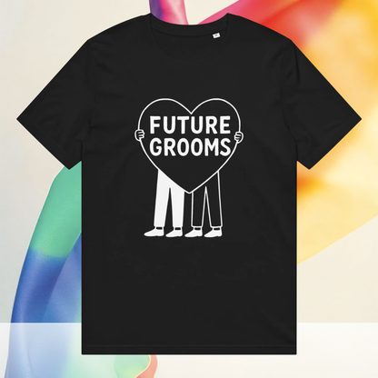 Regular fit black organic cotton t-shirt with an inclusive future grooms illustration for same sex weddings