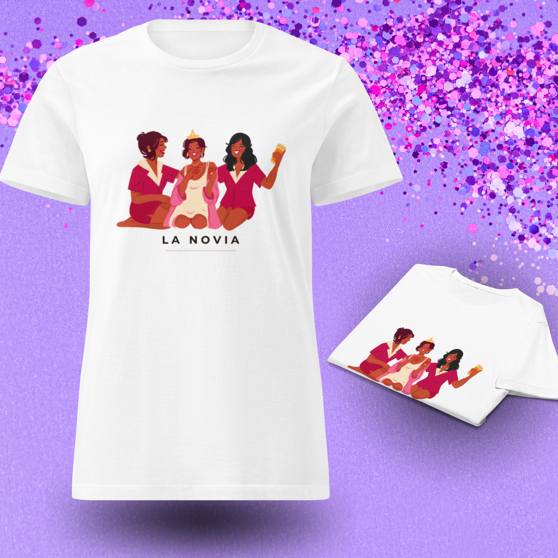 Camiseta blanca la novia para la futura esposa presentada con confeti y una vista de la prenda doblada