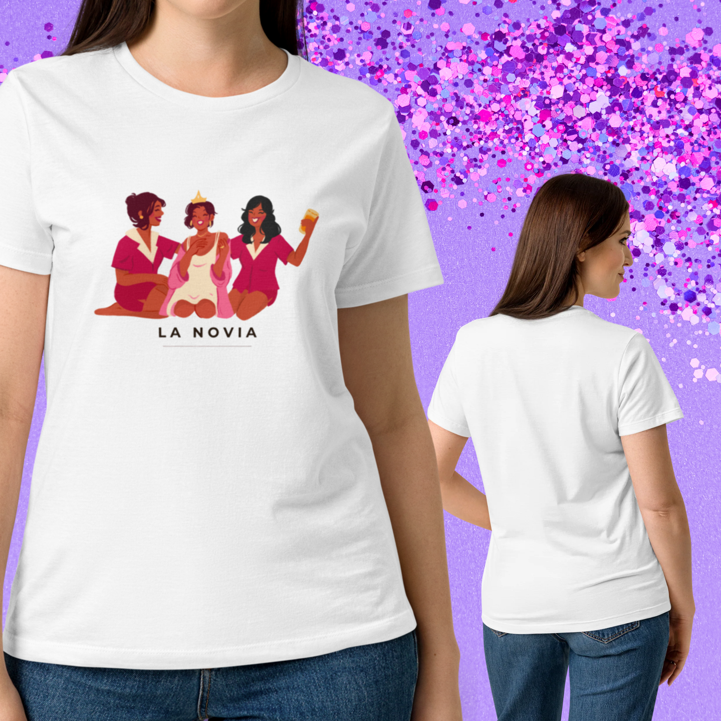 Doble vista frontal y trasera de una camiseta blanca la novia para mostrar el corte semi-ajustado y el diseño