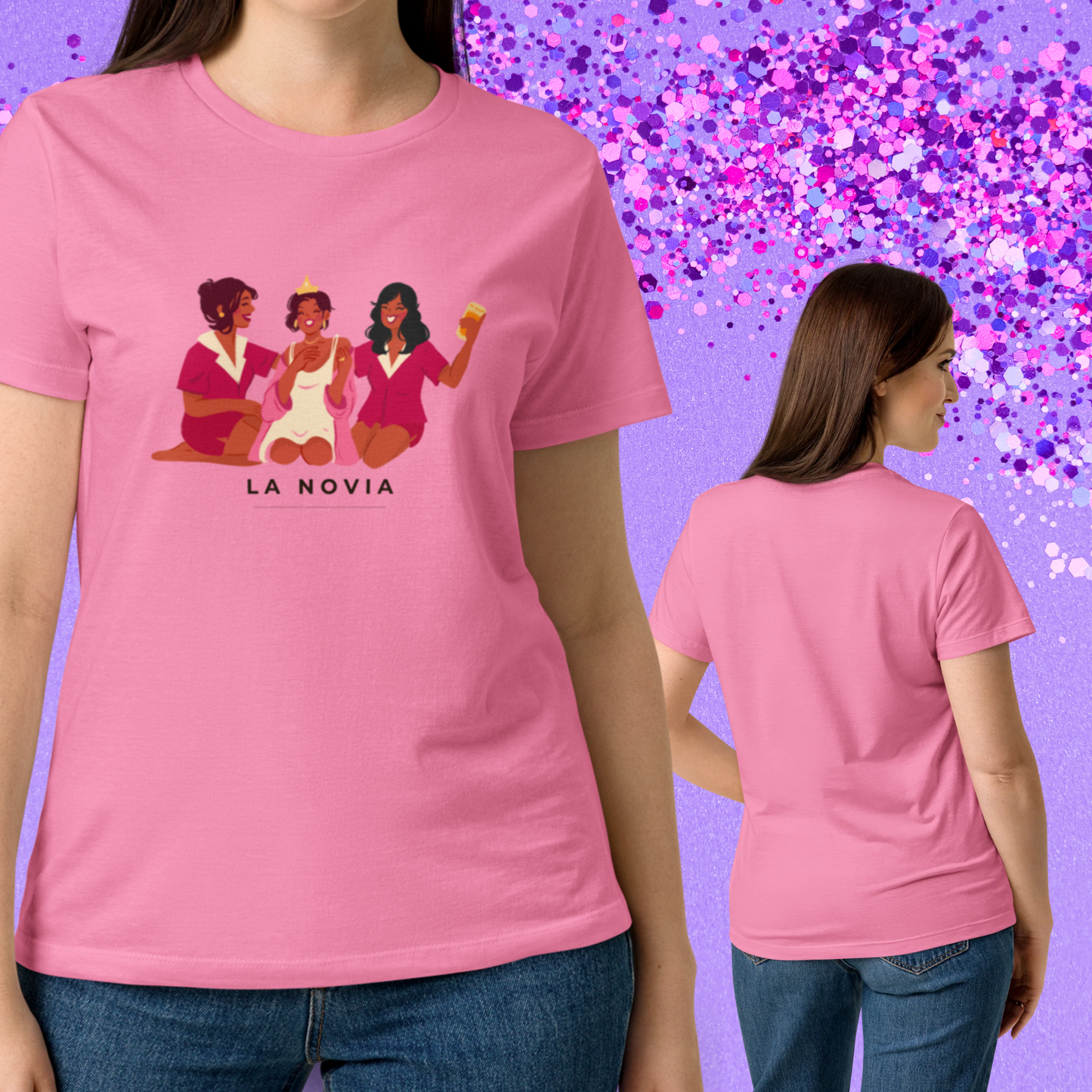 Presentacion frontal y trasera de la camiseta rosa la novia ideal para un look de grupo a juego con amigas