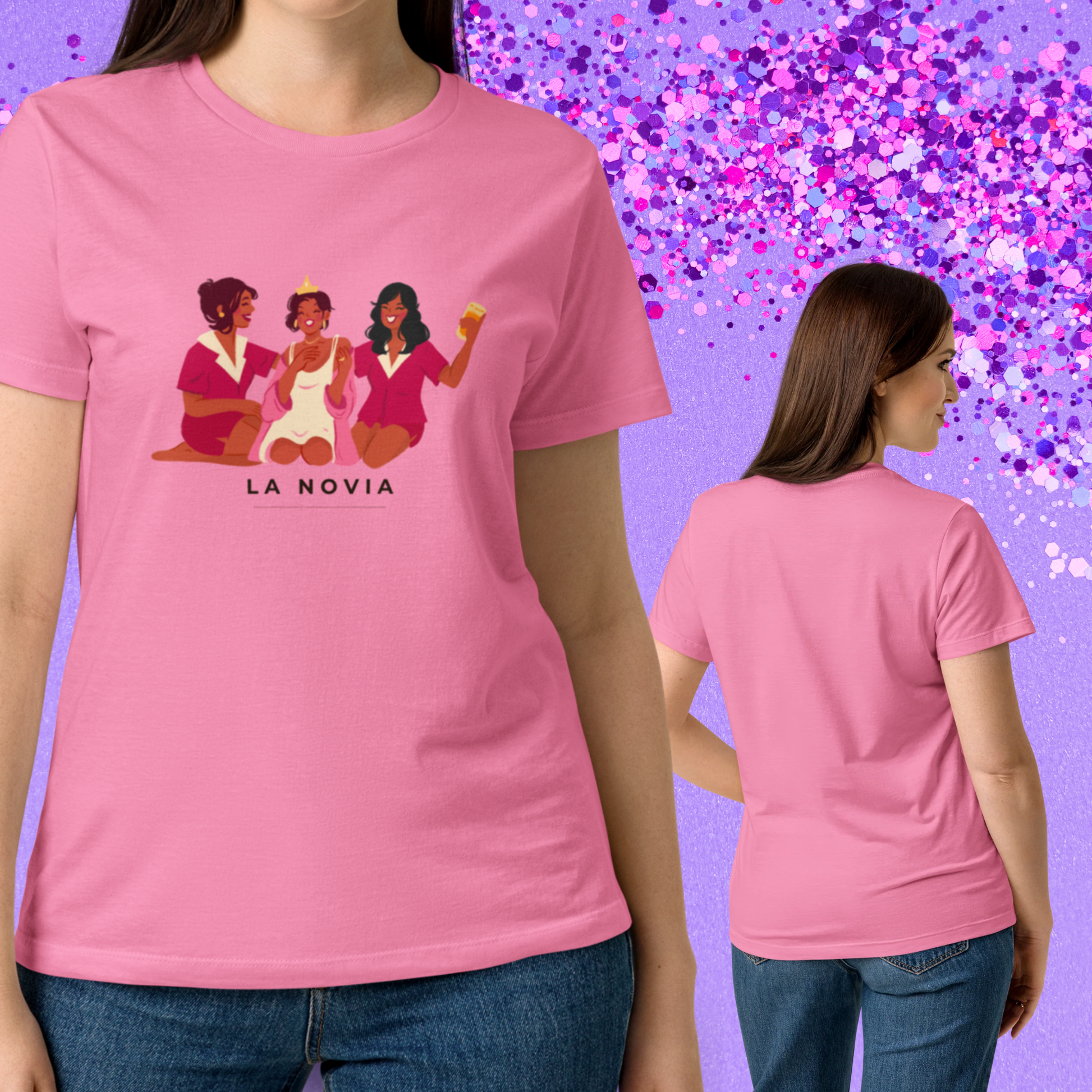 Presentacion frontal y trasera de la camiseta rosa la novia ideal para un look de grupo a juego con amigas