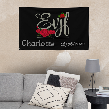 drapeau evjf personnalise utilise comme decoration murale dans une chambre pour fete entre copines