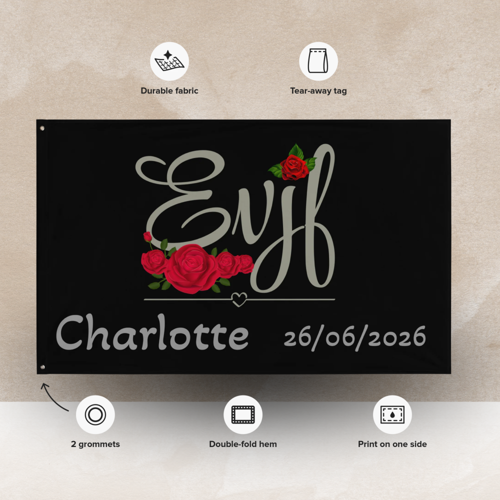 drapeau evjf personnalise avec indication des dimensions et design floral avec prenom et date