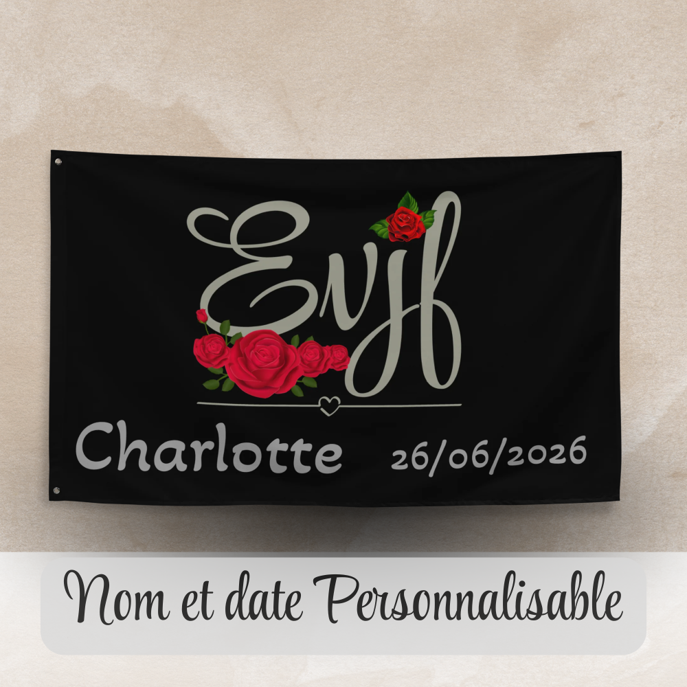 drapeau evjf personnalise noir avec prenom charlotte et date motif floral roses rouges